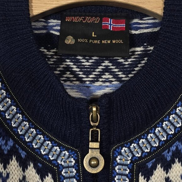 Windfjord Norway Pure New Wool Full Zip Sweater - Blue White - Sz L* - Picture 3 of 5